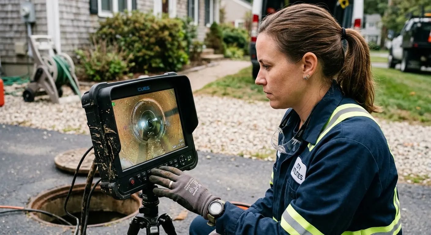 Technician reviewing sewer camera inspection footage in Little Rock