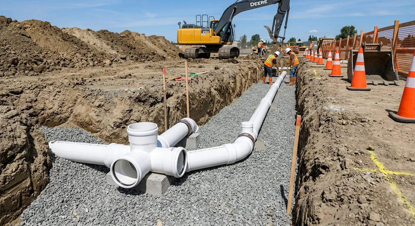 New PVC sewer pipe installation in open trench for Sewer Backup in Little Rock