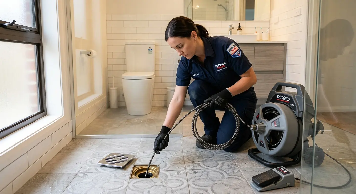 Technician clearing a bathroom floor drain for Sewer Line Installation in Little Rock